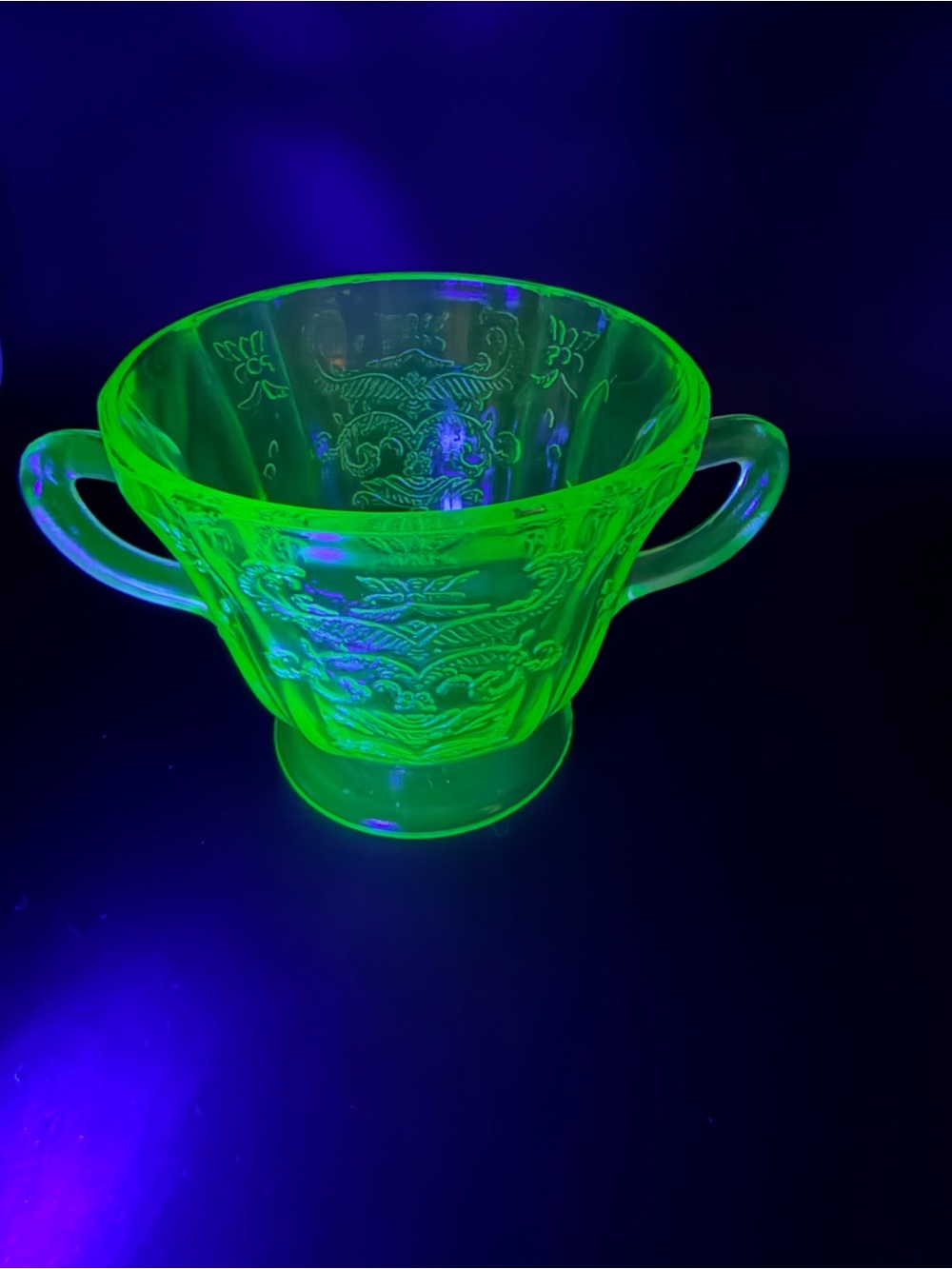 Vaseline Uranium Glass Two-Handled Sugar Bowl - Neon Green